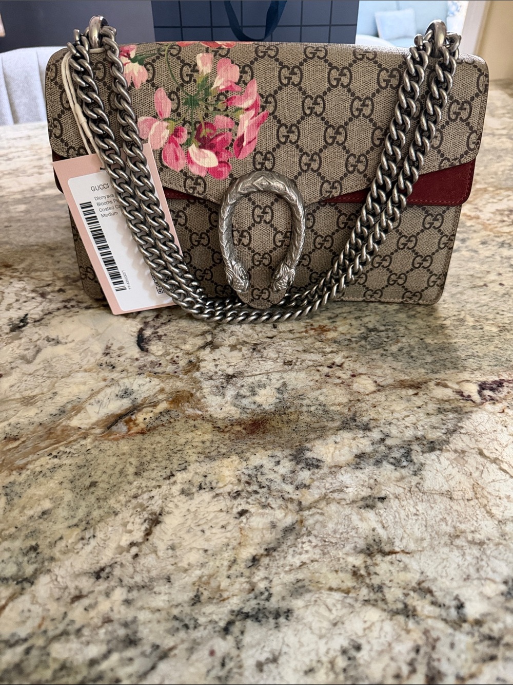 Gucci GG Supreme coated canvas/suede Dionysus Bloom in pink and Burgundy. W/coa.